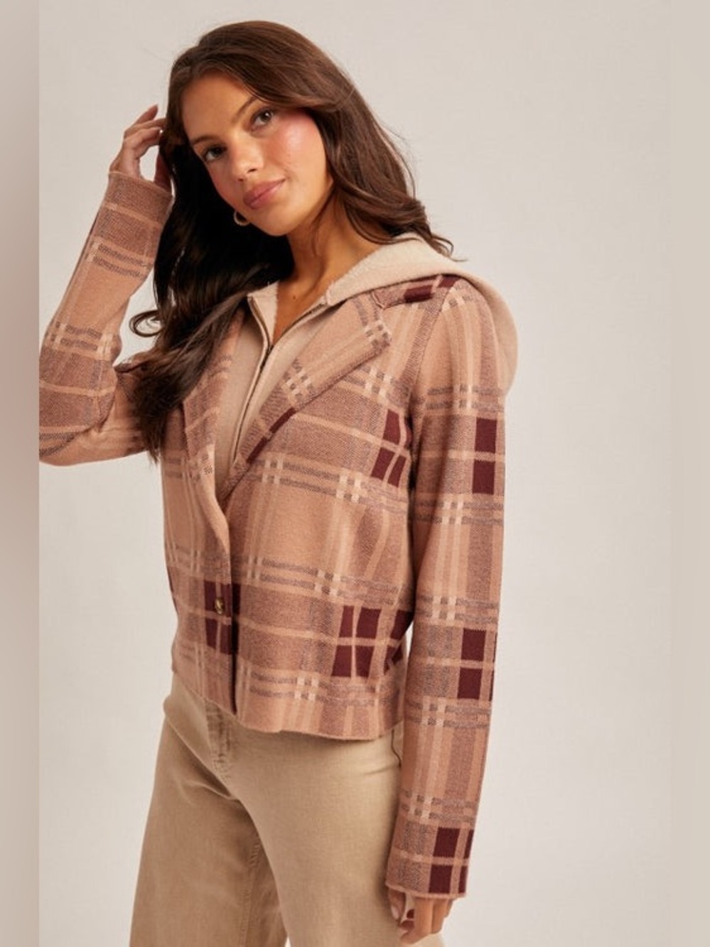 HEM & THREAD NWT Plaid Hooded Two-Fer Sweater Jacket Size M